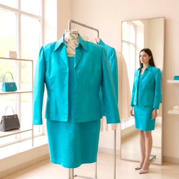 Shomi Silk Teal Dress and Blazer Suit - Size 12P - Picture 2 of 10